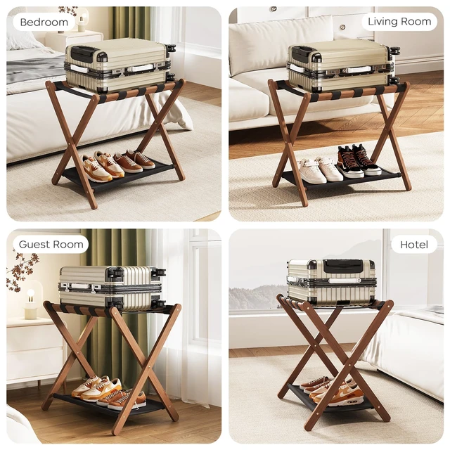 Alt view image 7 of 7 - Fully Assembled Walnut Luggage Racks Set of 2, Bamboo 26.77" Luggage Rack Stand for Guest Room, 5 Nylon Straps, Foldable Suitcase Stand with Storage Shelf for Bedroom Hotel, Holds up to 165 Lbs