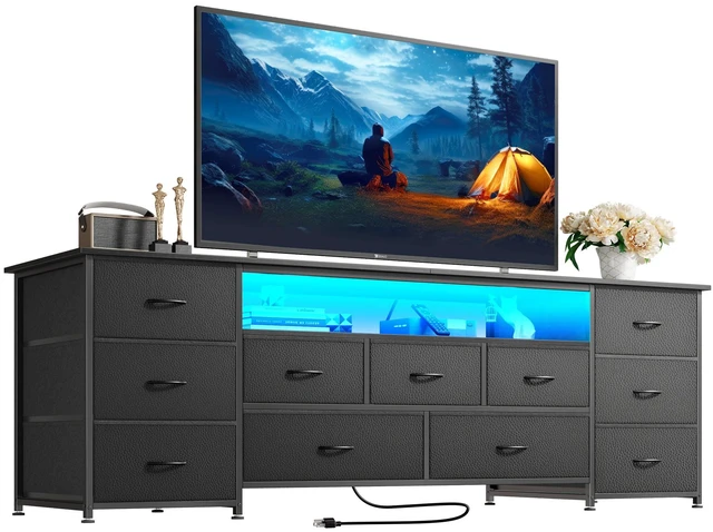 Main image of 63 Inch TV Stand for 65, 70 Inch TV, 11 Drawer Long Dresser with Power Outlets and LED Lights, Entertainment Center with Storage, Black Dresser with PU Leather Surface