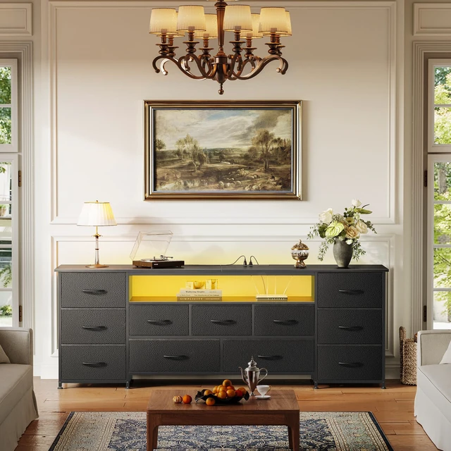 Alt view image 2 of 7 - 63 Inch TV Stand for 65, 70 Inch TV, 11 Drawer Long Dresser with Power Outlets and LED Lights, Entertainment Center with Storage, Black Dresser with PU Leather Surface