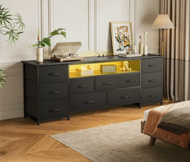 Alt view image 7 of 7 - 63 Inch TV Stand for 65, 70 Inch TV, 11 Drawer Long Dresser with Power Outlets and LED Lights, Entertainment Center with Storage, Black Dresser with PU Leather Surface