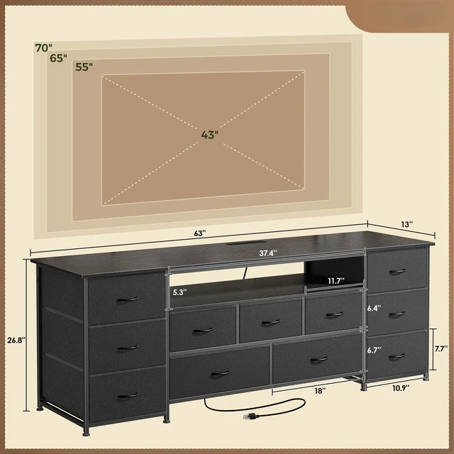 Alt view image 6 of 7 - 63 Inch TV Stand for 65, 70 Inch TV, 11 Drawer Long Dresser with Power Outlets and LED Lights, Entertainment Center with Storage, Black Dresser with PU Leather Surface