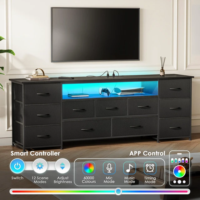 Alt view image 3 of 7 - 63 Inch TV Stand for 65, 70 Inch TV, 11 Drawer Long Dresser with Power Outlets and LED Lights, Entertainment Center with Storage, Black Dresser with PU Leather Surface