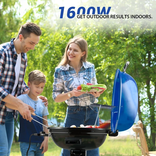 Alt view image 2 of 6 - Electric Grill, Indoor/Outdoor Electric BBQ Grill, 1600W Portable Removable Stand Grill with Adjustable Heat & Drip Tray, Double Layer Design for Party, Patio & Backyard (Blue)