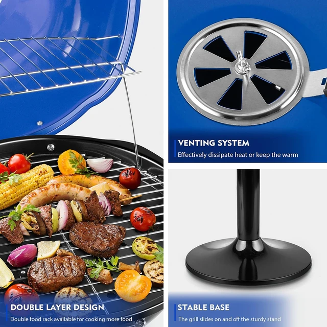 Alt view image 4 of 6 - Electric Grill, Indoor/Outdoor Electric BBQ Grill, 1600W Portable Removable Stand Grill with Adjustable Heat & Drip Tray, Double Layer Design for Party, Patio & Backyard (Blue)