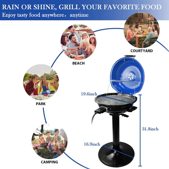 Alt view image 5 of 6 - Electric Grill, Indoor/Outdoor Electric BBQ Grill, 1600W Portable Removable Stand Grill with Adjustable Heat & Drip Tray, Double Layer Design for Party, Patio & Backyard (Blue)