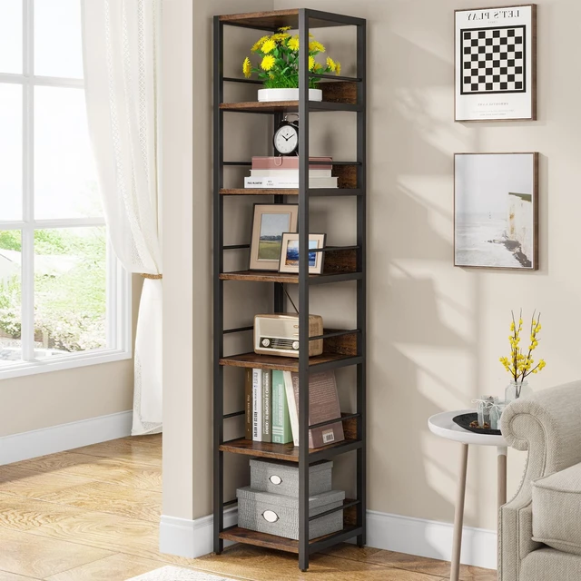 Main image of 6-Tier Corner Shelf, 75 Inch Tall Narrow Bookshelf Storage Rack | Skinny Etagere Shelves Display Stand for Small Spaces, Rustic Open Bookcase Square Shelf Tower for Living Room Bathroom