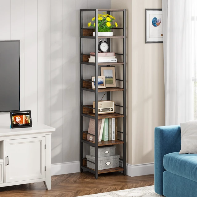 Alt view image 2 of 7 - 6-Tier Corner Shelf, 75 Inch Tall Narrow Bookshelf Storage Rack | Skinny Etagere Shelves Display Stand for Small Spaces, Rustic Open Bookcase Square Shelf Tower for Living Room Bathroom