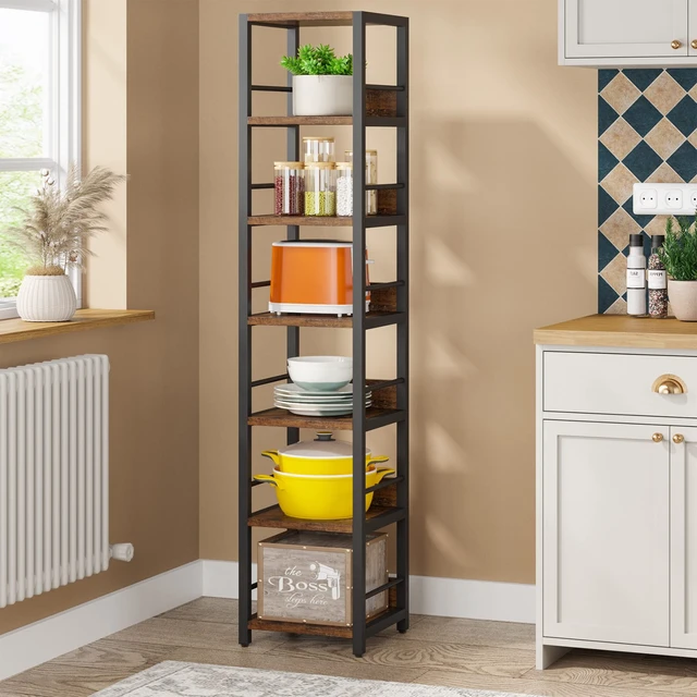 Alt view image 4 of 7 - 6-Tier Corner Shelf, 75 Inch Tall Narrow Bookshelf Storage Rack | Skinny Etagere Shelves Display Stand for Small Spaces, Rustic Open Bookcase Square Shelf Tower for Living Room Bathroom