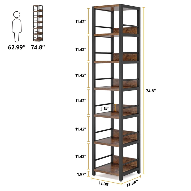 Alt view image 7 of 7 - 6-Tier Corner Shelf, 75 Inch Tall Narrow Bookshelf Storage Rack | Skinny Etagere Shelves Display Stand for Small Spaces, Rustic Open Bookcase Square Shelf Tower for Living Room Bathroom