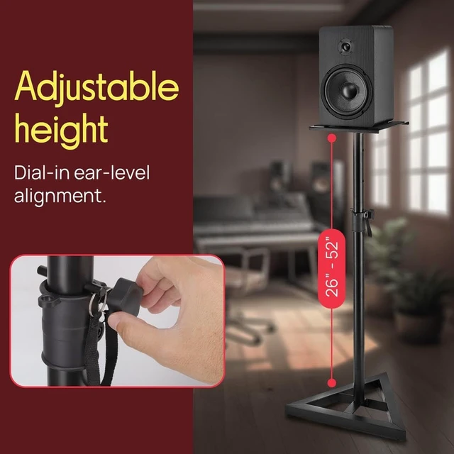 Alt view image 2 of 6 - Speaker Stand Pair of Sound - Play 1 and 3 Holder, Telescoping Height Adjustable from 26 - 52 Inch, High Heavy Duty Three-point Triangle Base w/ Floor Spikes and 9 Square Platform, Black