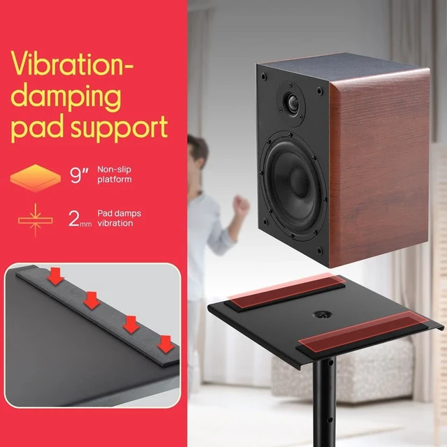 Alt view image 3 of 6 - Speaker Stand Pair of Sound - Play 1 and 3 Holder, Telescoping Height Adjustable from 26 - 52 Inch, High Heavy Duty Three-point Triangle Base w/ Floor Spikes and 9 Square Platform, Black