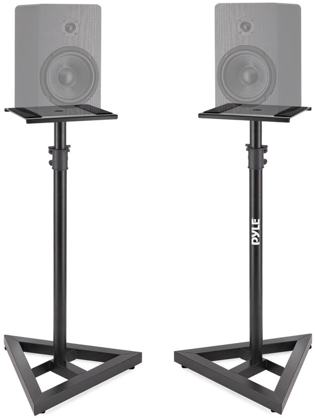 Main image of Speaker Stand Pair of Sound - Play 1 and 3 Holder, Telescoping Height Adjustable from 26 - 52 Inch, High Heavy Duty Three-point Triangle Base w/ Floor Spikes and 9 Square Platform, Black
