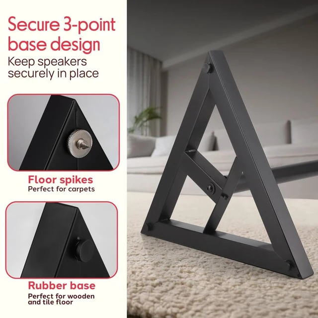 Alt view image 4 of 6 - Speaker Stand Pair of Sound - Play 1 and 3 Holder, Telescoping Height Adjustable from 26 - 52 Inch, High Heavy Duty Three-point Triangle Base w/ Floor Spikes and 9 Square Platform, Black