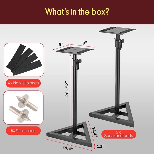 Alt view image 6 of 6 - Speaker Stand Pair of Sound - Play 1 and 3 Holder, Telescoping Height Adjustable from 26 - 52 Inch, High Heavy Duty Three-point Triangle Base w/ Floor Spikes and 9 Square Platform, Black