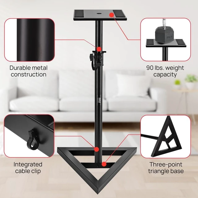 Alt view image 5 of 6 - Speaker Stand Pair of Sound - Play 1 and 3 Holder, Telescoping Height Adjustable from 26 - 52 Inch, High Heavy Duty Three-point Triangle Base w/ Floor Spikes and 9 Square Platform, Black