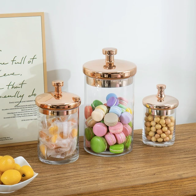 Alt view image 2 of 7 - Glass Apothecary Cookie Jar Set with Copper Lid | Decorative Kitchen and Bath Storage Canisters, Wedding Centerpiece Jars, Candy Buffet with Lids