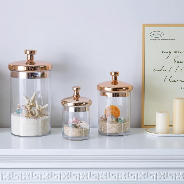 Alt view image 3 of 7 - Glass Apothecary Cookie Jar Set with Copper Lid | Decorative Kitchen and Bath Storage Canisters, Wedding Centerpiece Jars, Candy Buffet with Lids