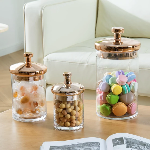 Alt view image 5 of 7 - Glass Apothecary Cookie Jar Set with Copper Lid | Decorative Kitchen and Bath Storage Canisters, Wedding Centerpiece Jars, Candy Buffet with Lids