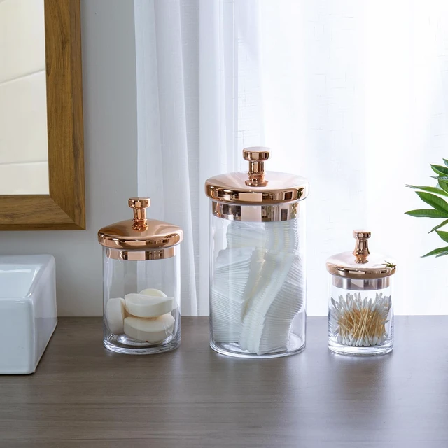 Alt view image 4 of 7 - Glass Apothecary Cookie Jar Set with Copper Lid | Decorative Kitchen and Bath Storage Canisters, Wedding Centerpiece Jars, Candy Buffet with Lids