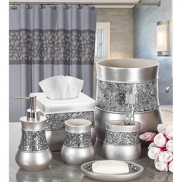 Alt view image 2 of 7 - Crackled Glass 6 Pc. Silver Resin Bathroom Accessories Set | Includes Trash can, Tissue Box Cover, Soap Dispenser, Toothbrush Holder, Tumbler Cup & Soap Dish