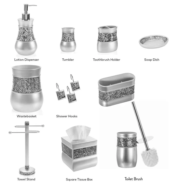 Alt view image 6 of 7 - Crackled Glass 6 Pc. Silver Resin Bathroom Accessories Set | Includes Trash can, Tissue Box Cover, Soap Dispenser, Toothbrush Holder, Tumbler Cup & Soap Dish