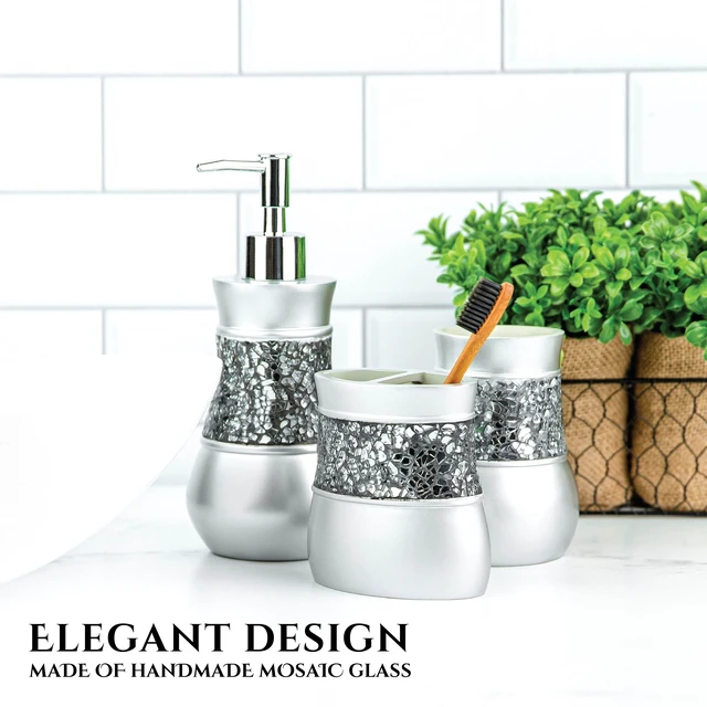 Alt view image 4 of 7 - Crackled Glass 6 Pc. Silver Resin Bathroom Accessories Set | Includes Trash can, Tissue Box Cover, Soap Dispenser, Toothbrush Holder, Tumbler Cup & Soap Dish