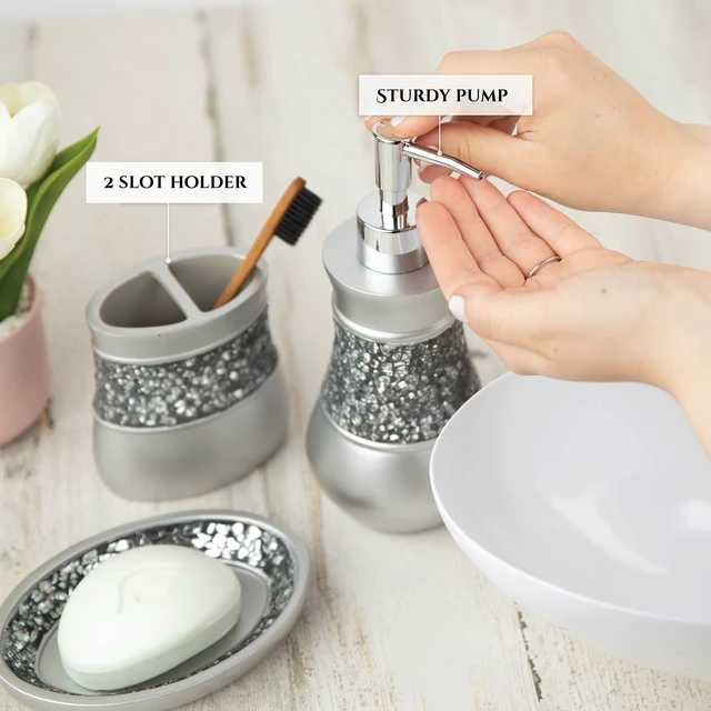 Alt view image 5 of 7 - Crackled Glass 6 Pc. Silver Resin Bathroom Accessories Set | Includes Trash can, Tissue Box Cover, Soap Dispenser, Toothbrush Holder, Tumbler Cup & Soap Dish