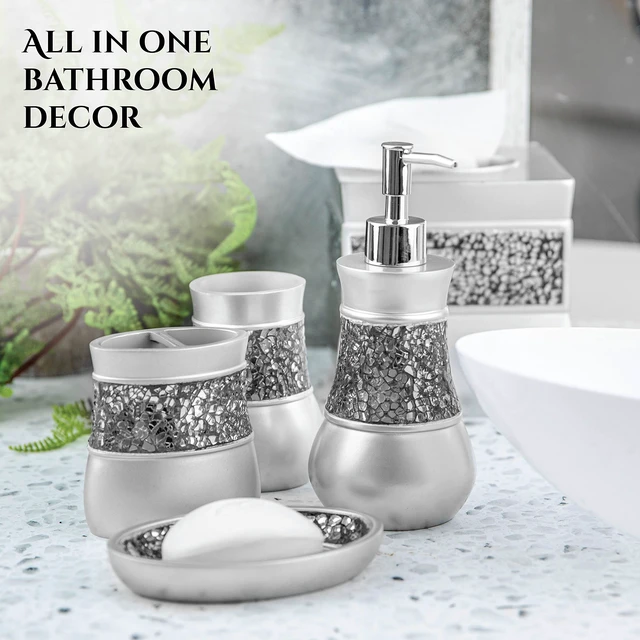 Alt view image 7 of 7 - Crackled Glass 6 Pc. Silver Resin Bathroom Accessories Set | Includes Trash can, Tissue Box Cover, Soap Dispenser, Toothbrush Holder, Tumbler Cup & Soap Dish