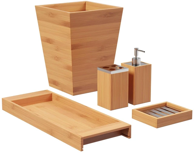 Main image of Bathroom Decor Set, Natural, 5-Piece-Set | Bamboo Bathroom Accessories with Trash Bin, Soap Dish, Soap Dispenser, Toothbrush Holder, and Tray