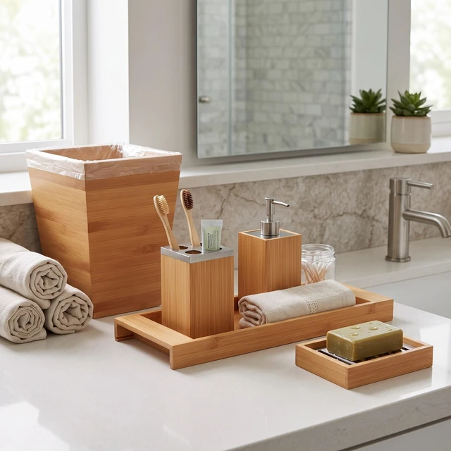 Alt view image 2 of 6 - Bathroom Decor Set, Natural, 5-Piece-Set | Bamboo Bathroom Accessories with Trash Bin, Soap Dish, Soap Dispenser, Toothbrush Holder, and Tray