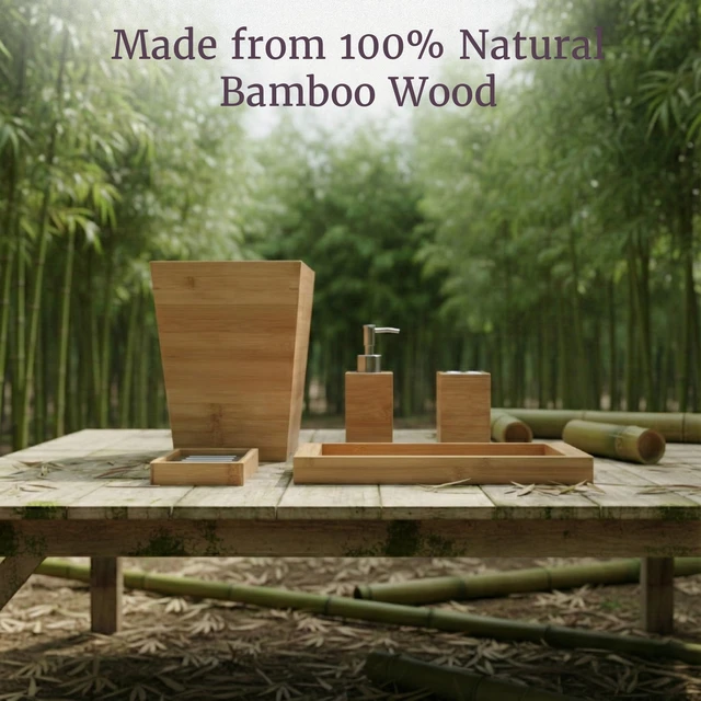 Alt view image 3 of 6 - Bathroom Decor Set, Natural, 5-Piece-Set | Bamboo Bathroom Accessories with Trash Bin, Soap Dish, Soap Dispenser, Toothbrush Holder, and Tray