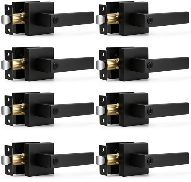 Main image of 8 Pack| Square Privacy Door Levers Locksets in Matte Black Finish, Bed/Bath Door Levers Keyless Interior Handles,Reversible for Left Right Handed Doors