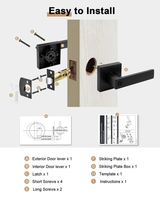 Alt view image 6 of 7 - 8 Pack| Square Privacy Door Levers Locksets in Matte Black Finish, Bed/Bath Door Levers Keyless Interior Handles,Reversible for Left Right Handed Doors