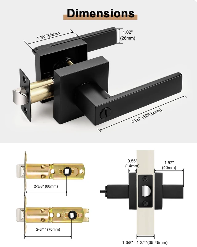 Alt view image 7 of 7 - 8 Pack| Square Privacy Door Levers Locksets in Matte Black Finish, Bed/Bath Door Levers Keyless Interior Handles,Reversible for Left Right Handed Doors