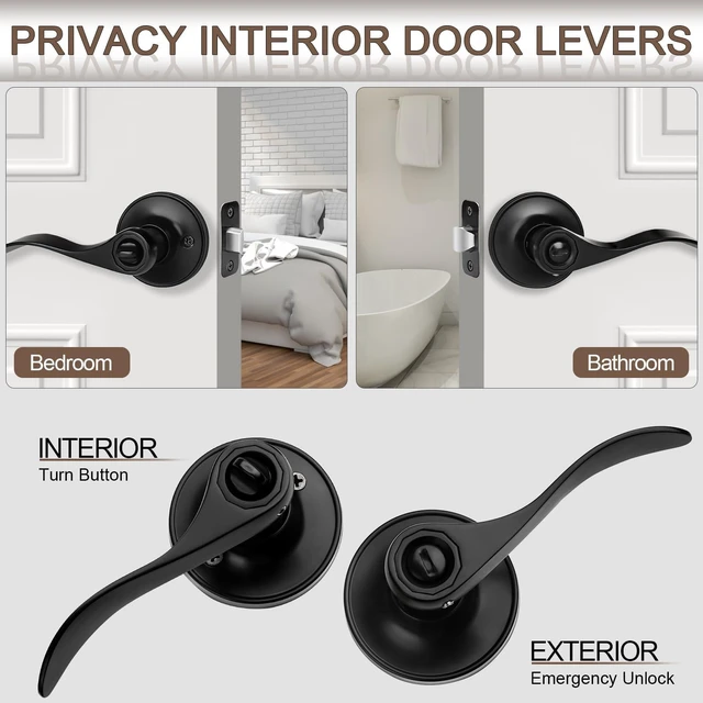 Alt view image 2 of 7 - 10 Pack Matte Black Door Handles Privacy Door Levers, Heavy Duty Bed and Bath Door Locks Interior Door Knobs, Reversible Keyless Wave Lever Door Handles