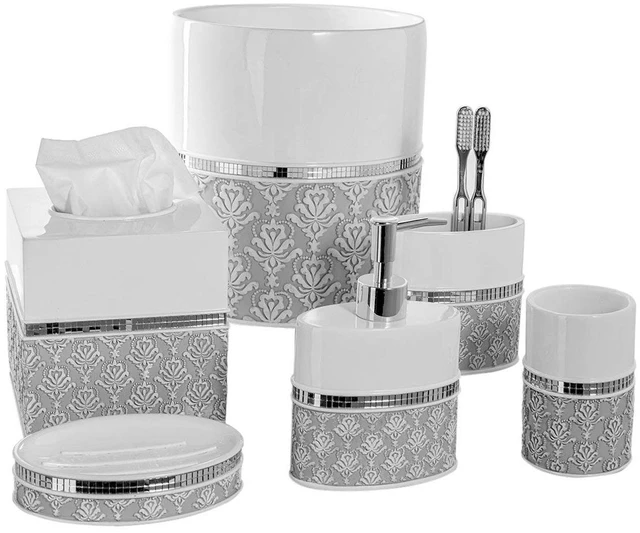Main image of Mirror Damask 6 Piece Resin Bathroom Accessories Set | Includes Trash can, Tissue Box Cover, Soap Dispenser, Toothbrush Holder, Tumbler Cup & Soap Dish