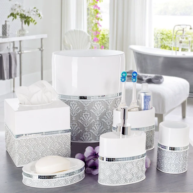 Alt view image 2 of 7 - Mirror Damask 6 Piece Resin Bathroom Accessories Set | Includes Trash can, Tissue Box Cover, Soap Dispenser, Toothbrush Holder, Tumbler Cup & Soap Dish