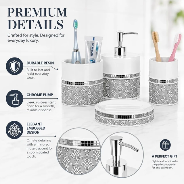 Alt view image 4 of 7 - Mirror Damask 6 Piece Resin Bathroom Accessories Set | Includes Trash can, Tissue Box Cover, Soap Dispenser, Toothbrush Holder, Tumbler Cup & Soap Dish