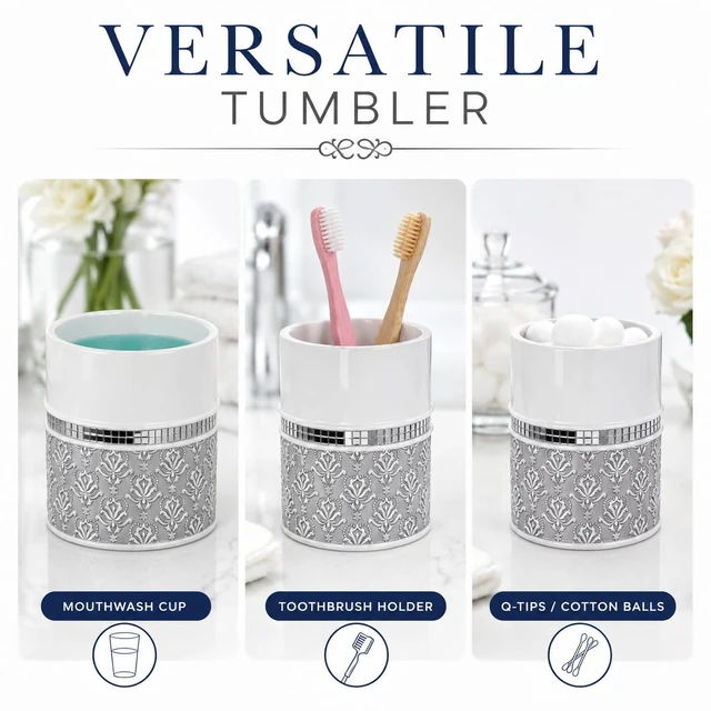 Alt view image 5 of 7 - Mirror Damask 6 Piece Resin Bathroom Accessories Set | Includes Trash can, Tissue Box Cover, Soap Dispenser, Toothbrush Holder, Tumbler Cup & Soap Dish