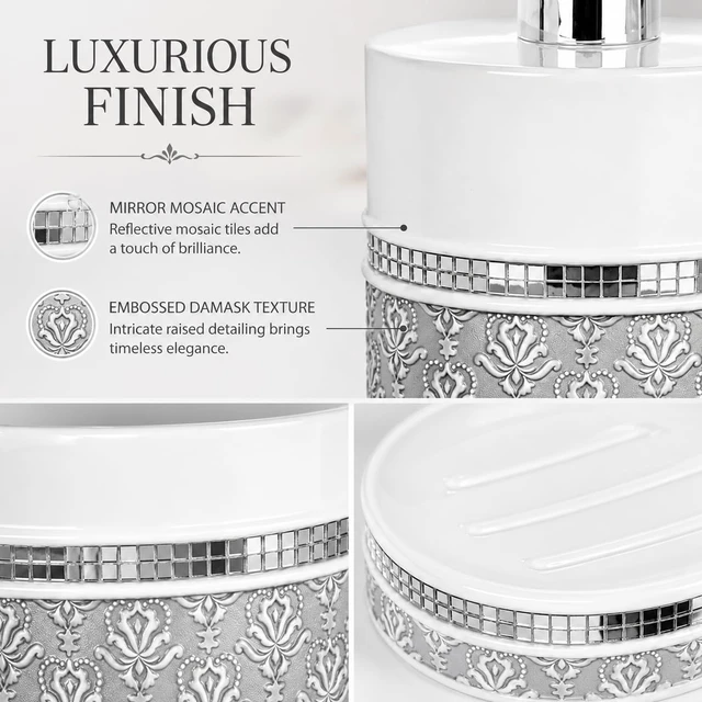 Alt view image 7 of 7 - Mirror Damask 6 Piece Resin Bathroom Accessories Set | Includes Trash can, Tissue Box Cover, Soap Dispenser, Toothbrush Holder, Tumbler Cup & Soap Dish