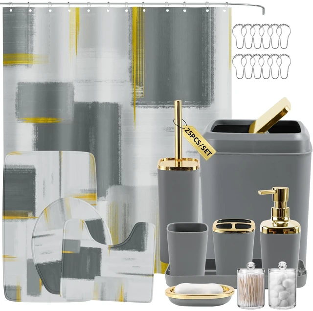 Main image of Bathroom Set - Grey and Gold Bathroom Accessories Set, Bathroom Sets with Shower Curtain and Rugs, Grey Shower Curtain Set with Bathroom Trash Can, Soap Dispenser, Soap Dish for Home Decor