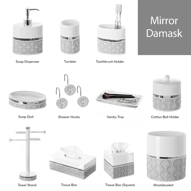 Alt view image 6 of 7 - Mirror Damask 6 Piece Resin Bathroom Accessories Set | Includes Trash can, Tissue Box Cover, Soap Dispenser, Toothbrush Holder, Tumbler Cup & Soap Dish