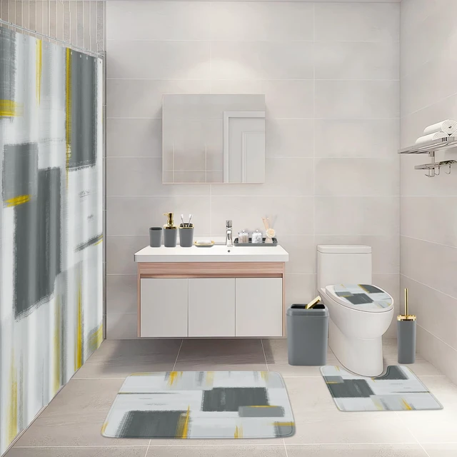 Alt view image 2 of 7 - Bathroom Set - Grey and Gold Bathroom Accessories Set, Bathroom Sets with Shower Curtain and Rugs, Grey Shower Curtain Set with Bathroom Trash Can, Soap Dispenser, Soap Dish for Home Decor