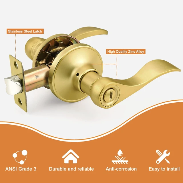 Alt view image 2 of 7 - Door Handles Interior Brushed Gold Privacy Door Handle Lever, Bedroom Bathroom Door Lever Wave Style, 6 Pack