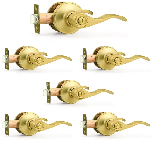 Main image of Door Handles Interior Brushed Gold Privacy Door Handle Lever, Bedroom Bathroom Door Lever Wave Style, 6 Pack