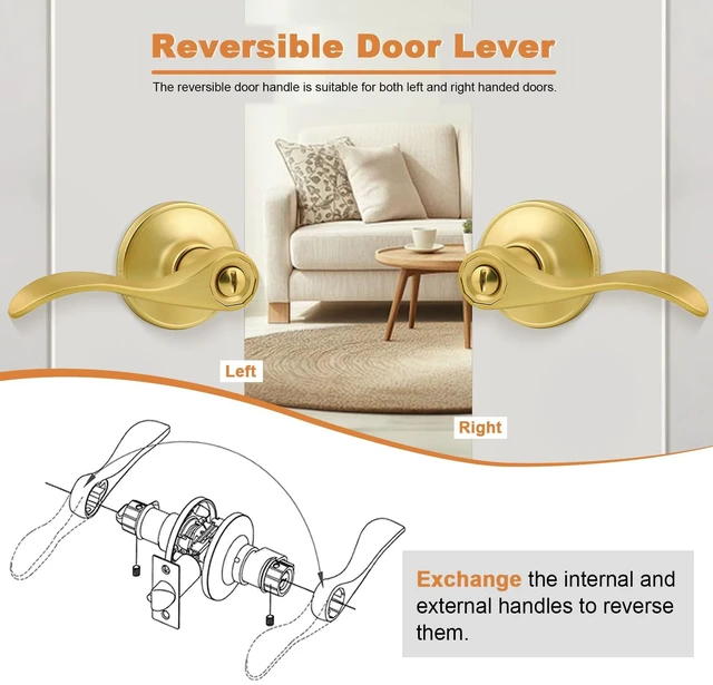 Alt view image 5 of 7 - Door Handles Interior Brushed Gold Privacy Door Handle Lever, Bedroom Bathroom Door Lever Wave Style, 6 Pack