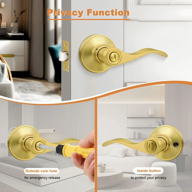 Alt view image 3 of 7 - Door Handles Interior Brushed Gold Privacy Door Handle Lever, Bedroom Bathroom Door Lever Wave Style, 6 Pack