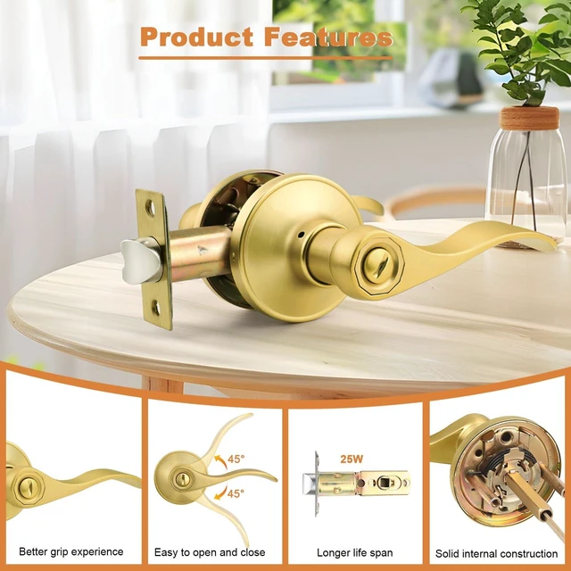 Alt view image 4 of 7 - Door Handles Interior Brushed Gold Privacy Door Handle Lever, Bedroom Bathroom Door Lever Wave Style, 6 Pack