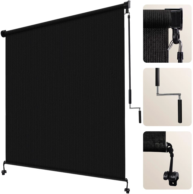 Main image of Outdoor Roller Shade 8' W x 8' H, Black Exterior Cordless Patio Shades Roll Up Blinds with Spliced Pole Design, (2 Poles, One-Piece Fabric)