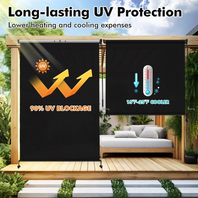 Alt view image 2 of 6 - Outdoor Roller Shade 8' W x 8' H, Black Exterior Cordless Patio Shades Roll Up Blinds with Spliced Pole Design, (2 Poles, One-Piece Fabric)